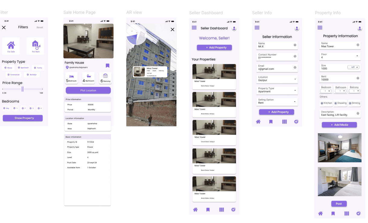 Filters, listing details, AR view, and the seller dashboard